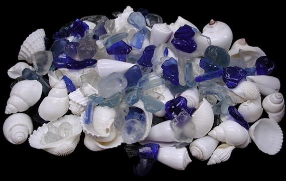 One quarter pound of White Shells/Blue/clear Sea Glass Mix measuring 1/2 to 3 inch pieces******