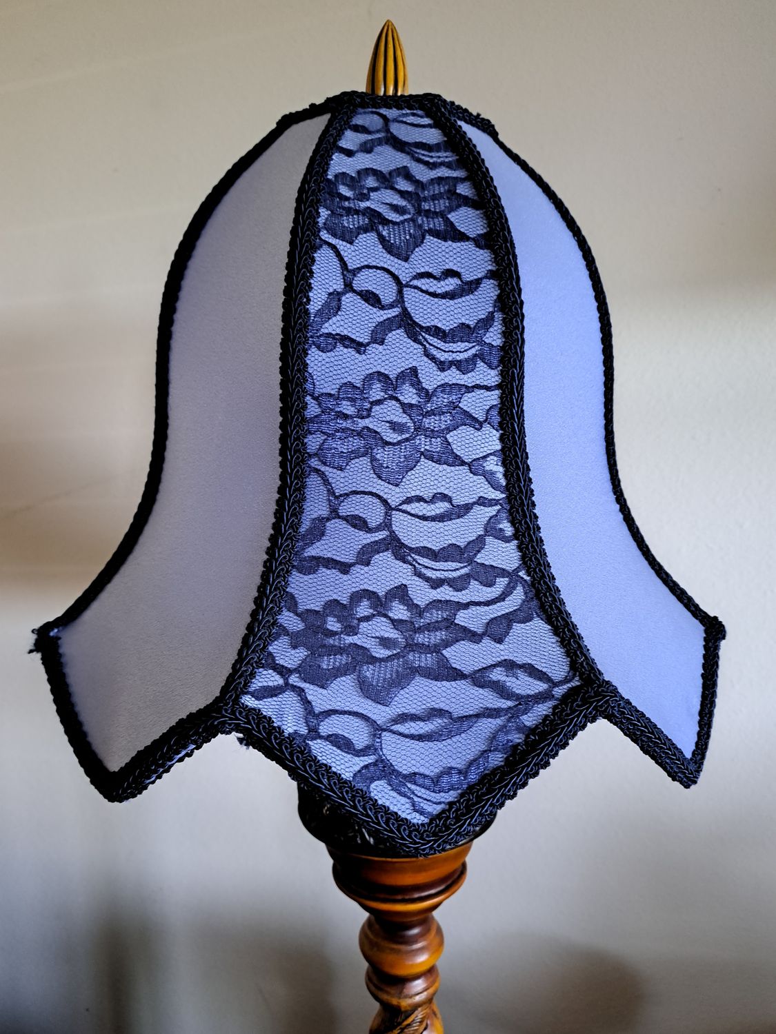 Hand sewn Lotus shape lampshade 4&quot; top, 14&quot; bottom &amp; 12&quot;top to bottom. Shade composed of lite blue Satin panels, navy blue lace over lay sewn on alternate panels, finished with navy blue braided trim