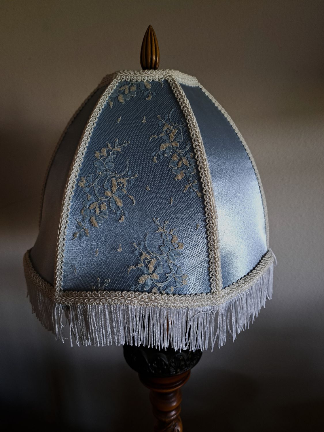 Handsewn bell lampshade with lite blue Satin panels, lace overlay on alternate panels, &amp; 1&quot; white fringe, measures 4&quot; top, 12&quot; bottom &amp; 10 inches top to bottom **