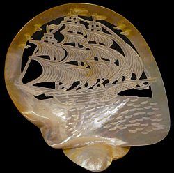 A 6 to 8&quot; Galleon art piece,  Carved from Gold MOP Shell