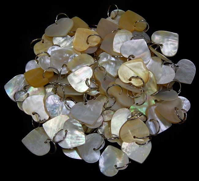 Mother of Pearl Goldlip Oysters Cut into Hearts with a Drilled Hole &amp; Ring measuring 1/2"  Sold Each
