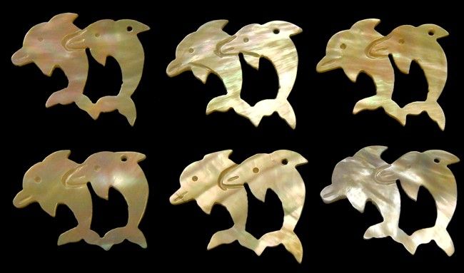 Double Golden Dolphins Carved with Drilled Hole from Goldlip Oyster MOP measuring 1" Sold Each