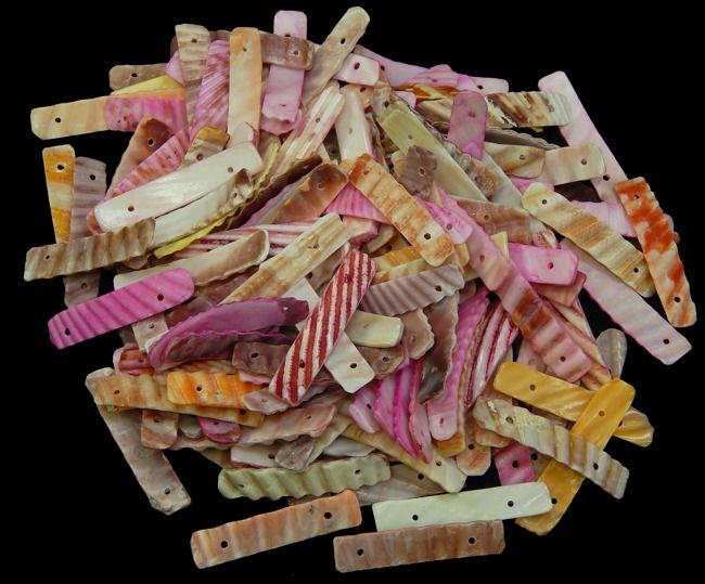 Assorted Color Sticks with Drilled Holes hand Cut from Pectin Shells, Sticks measuring 1 1/2 to 2"  Sold by the Ounce