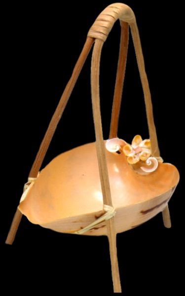 Melon Shell Container With a Rattan Handle measuring 5 to 7" Sold Each