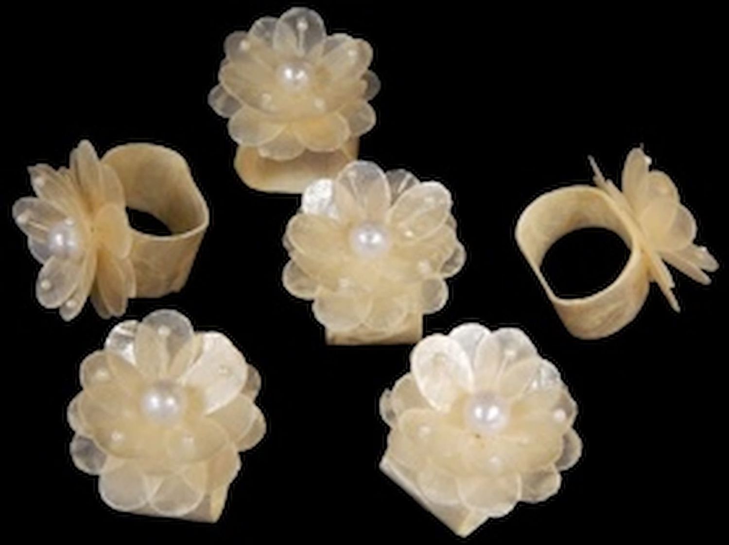 Capiz Napkin Rings with Flower &amp; Pearl Cluster measuring 2"   Sold Each