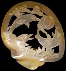 Golden Triple Dolphins Carved From Gold Lip Oyster Shells measuring 6 to 8" Sold Each