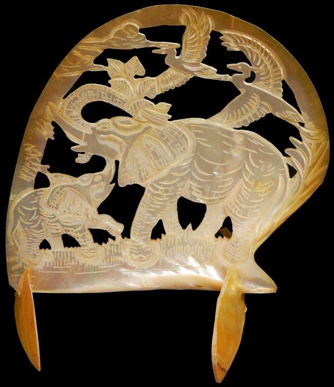 Golden Elephant Carved From GoldLip Oyster shells measuring  6 to 8"