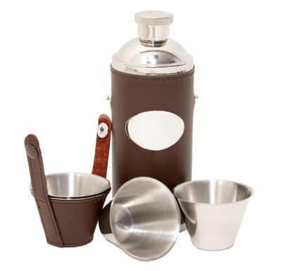 Bisley Jachtfles Leder Bruin met 4 Bekers