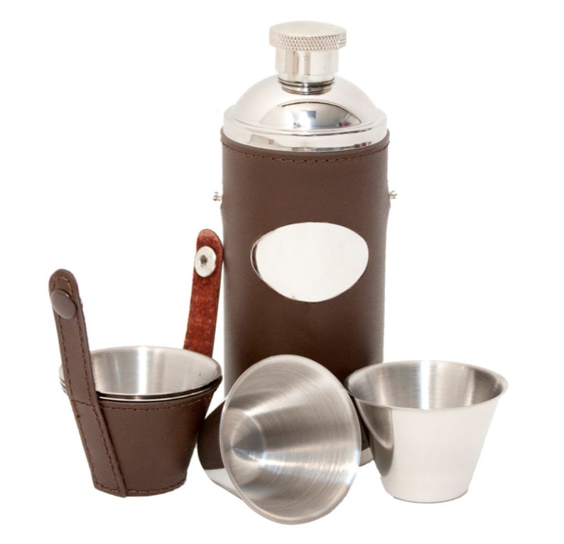 Bisley Jachtfles Leder Bruin met 4 Bekers