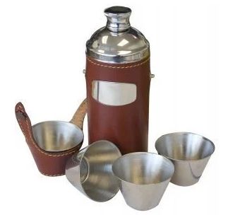 Bisley Jachtfles Leder Lichtbruin met 4 Bekers