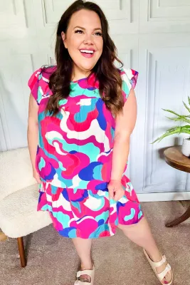 PLUS Geo Print Tiered Ruffle Sleeve Woven Dress