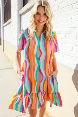 MULTICOLOR FRILL NOTCH NECK DRESS