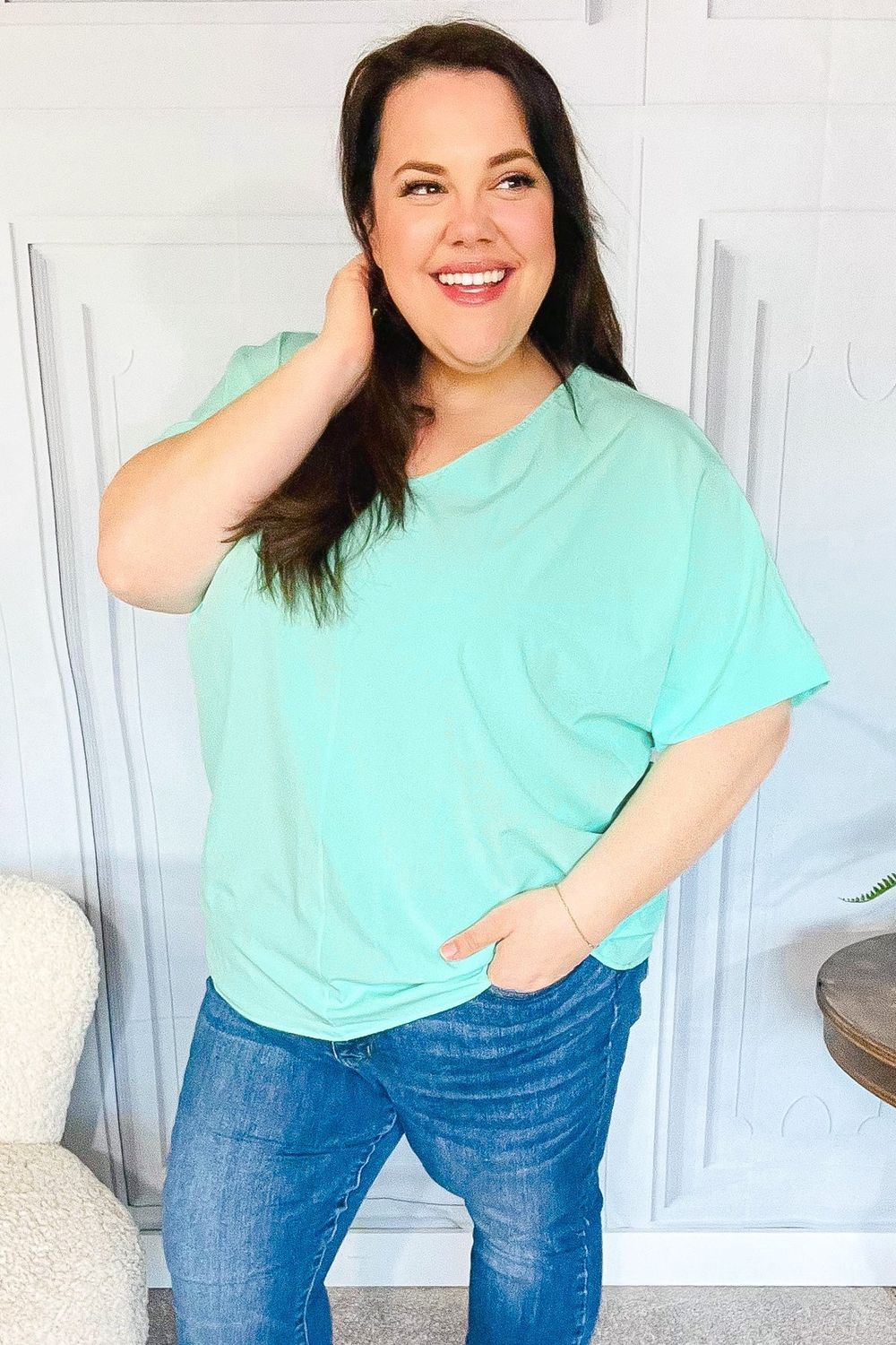 MINT DROP SHOULDER V NECK WOVEN TOP