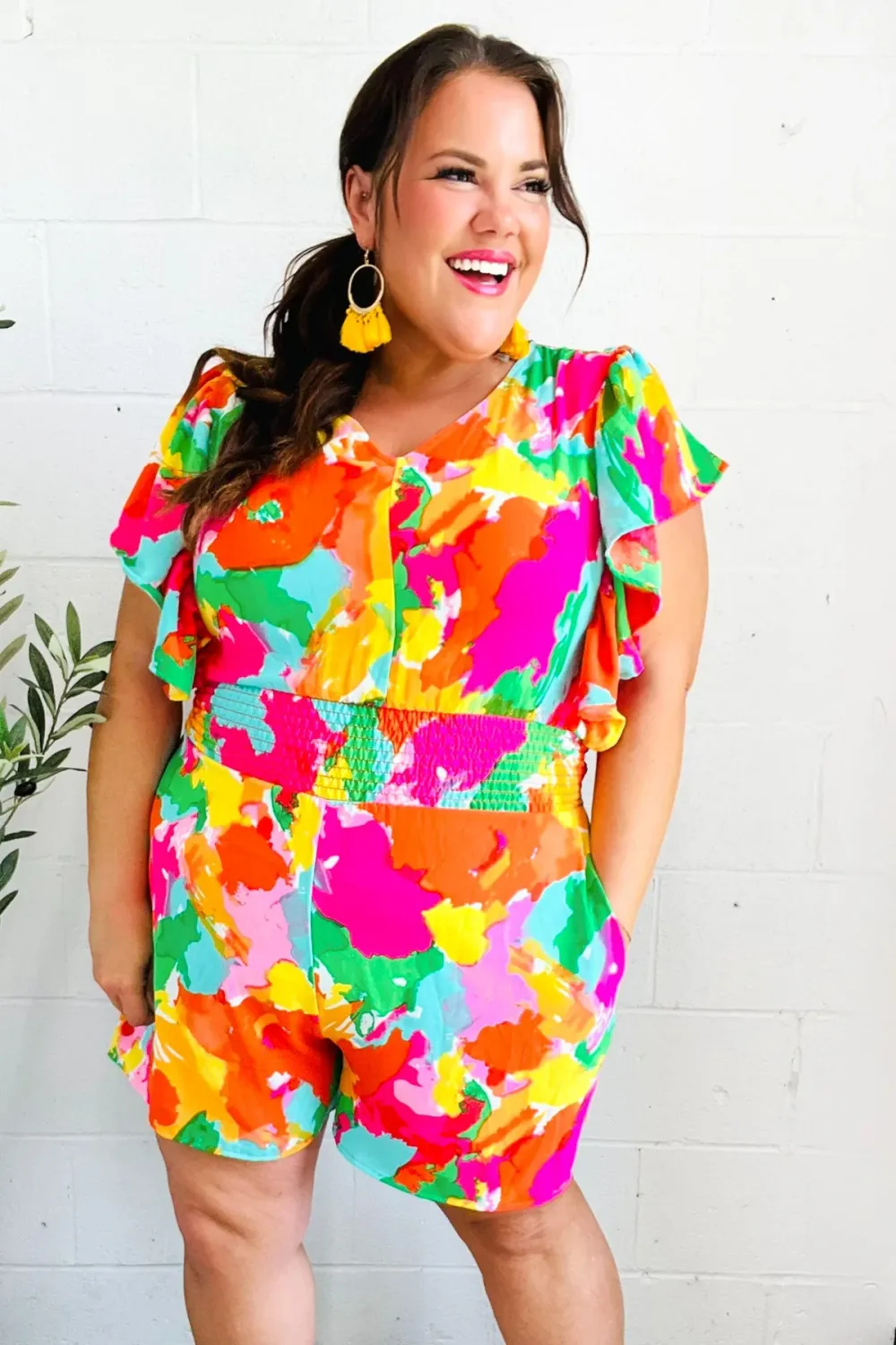 PLUS FLORAL SMOCKED WAIST V NECK FLUTTER SLEEVE ROMPER