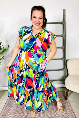 PLUS TROPICAL COLLARED V NECK MIDI DRESS