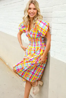 MULTICOLOR PLAID PUFF SLEEVE SWEETHEART NECK DRESS