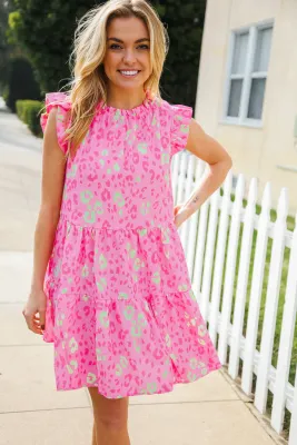 PINK LEOPARD PRINT FRILL NECK DRESS