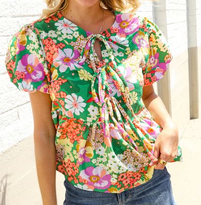 GREEN FLORAL RIBBON TIE BABYDOLL TOP
