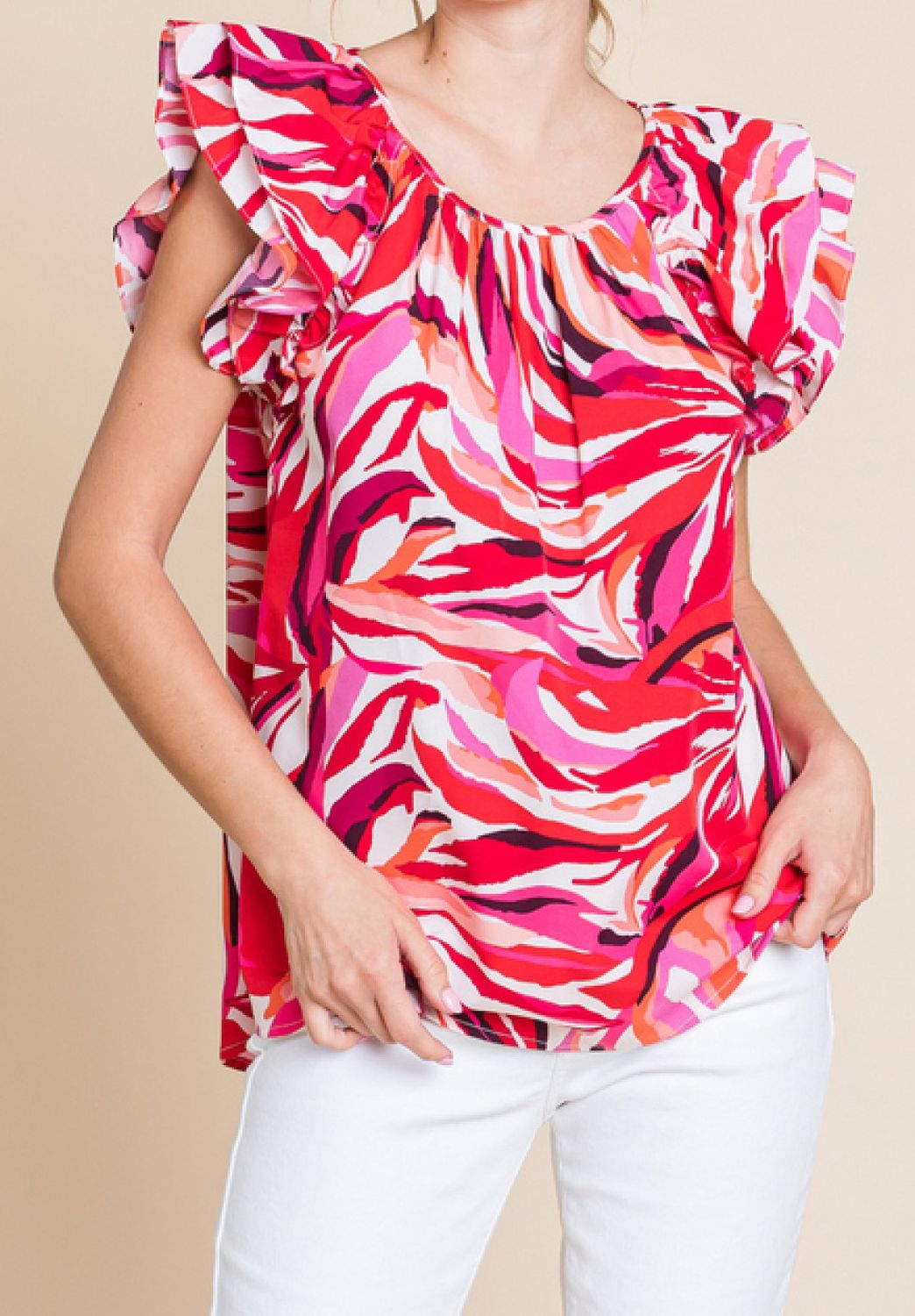 RED FLUTTER SLEEVE TOP