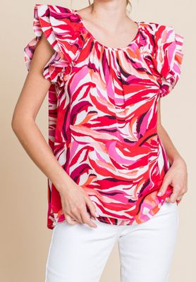 RED FLUTTER SLEEVE TOP