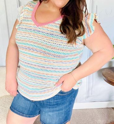 STRIPED TEXTURED KNIT V NECK TOP