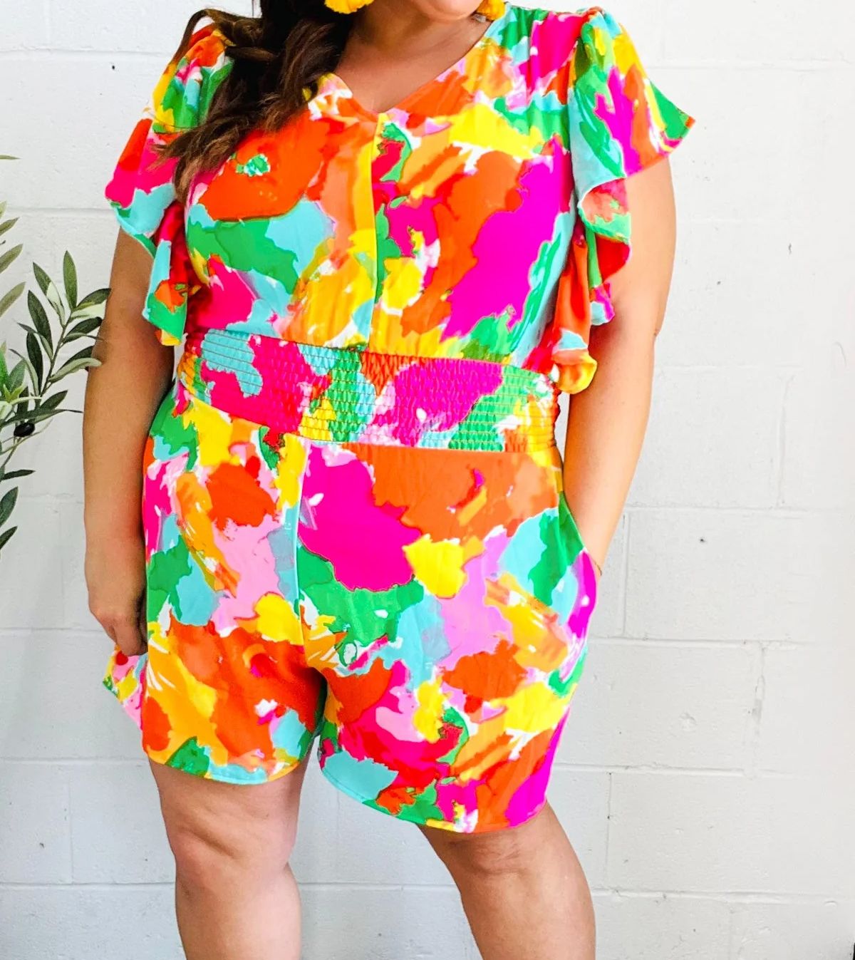 PLUS FLORAL SMOCKED WAIST V NECK FLUTTER SLEEVE ROMPER