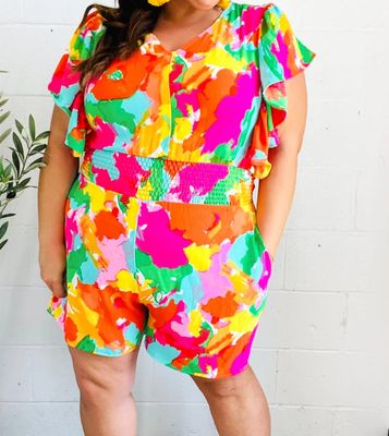 PLUS FLORAL SMOCKED WAIST V NECK FLUTTER SLEEVE ROMPER