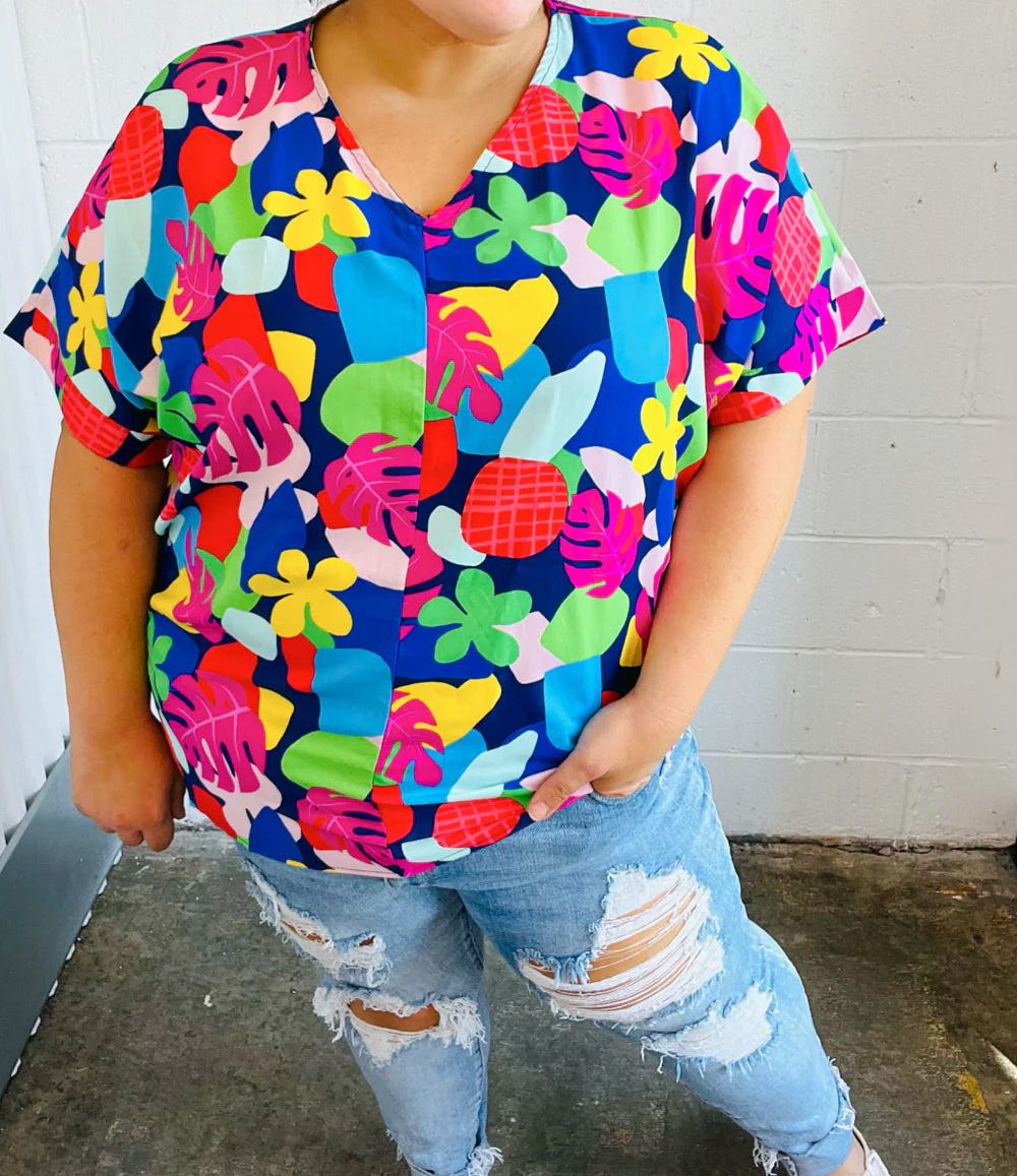 NAVY MULTICOLOR TROPICAL PRINT V NECK TOP