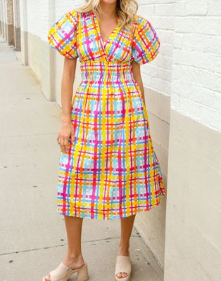 MULTICOLOR PLAID PUFF SLEEVE SWEETHEART NECK DRESS