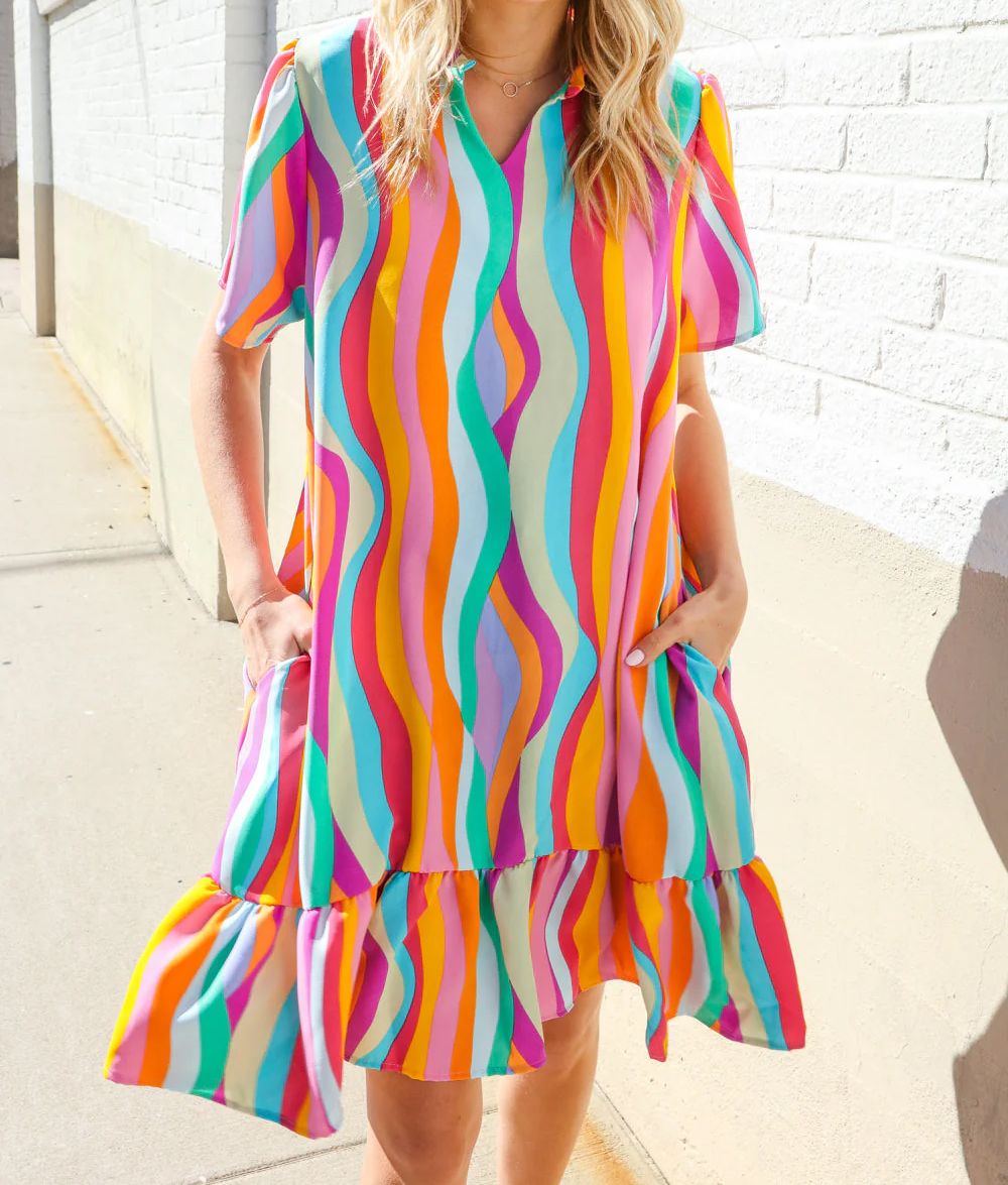 MULTICOLOR FRILL NOTCH NECK DRESS
