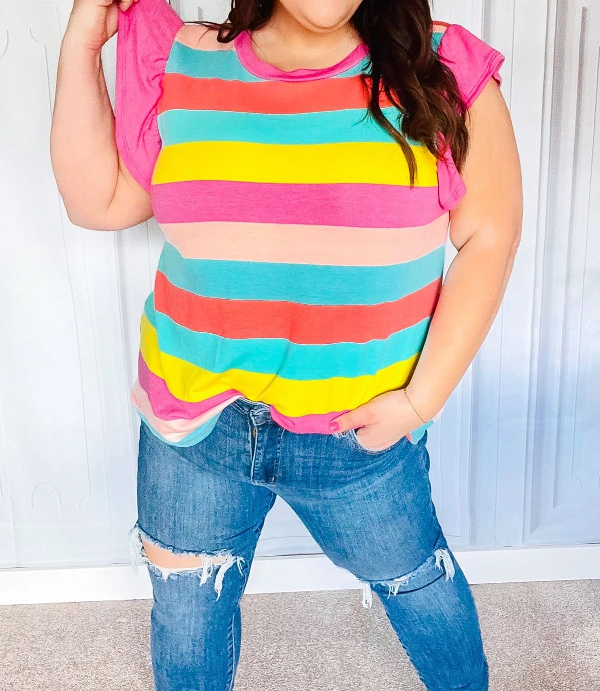 MINT &amp; FUCHSIA STRIPE FLUTTER SLEEVE TERRY KNIT TOP