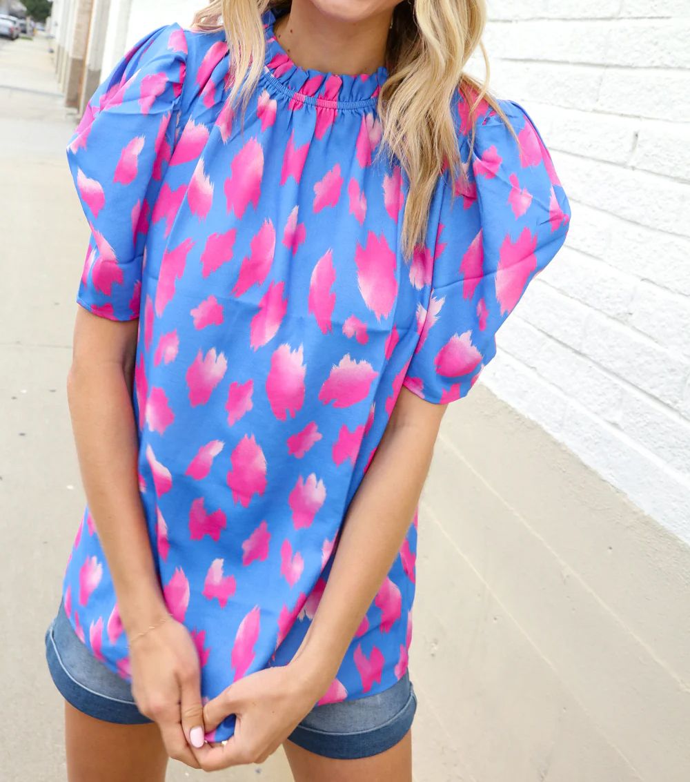 BLUE &amp; PINK RUFFLE MOCK NECK BLOUSE