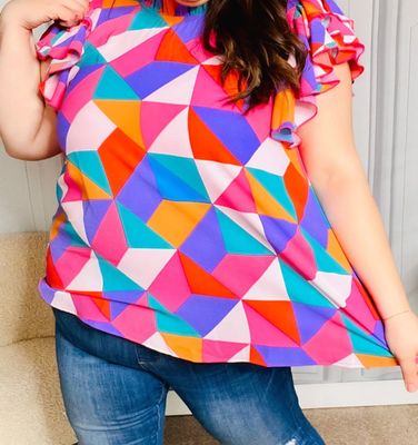 Fuschia Geo Neck Flutter Sleeve Top