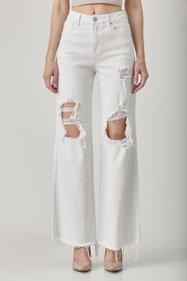 WHITE DISTRESSED WIDE LEG DAD JEANS