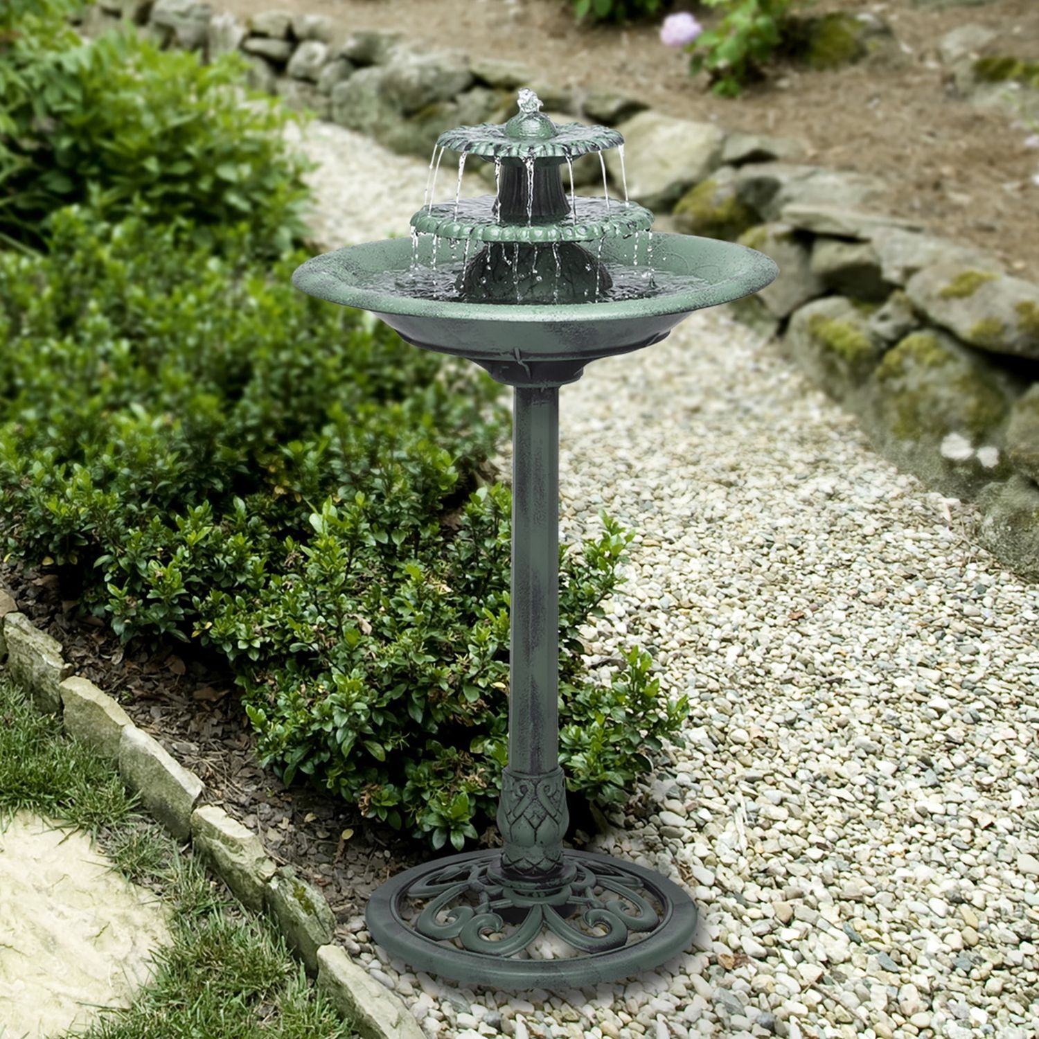 Alpine Three Tiered Pedestal Fountain - Green