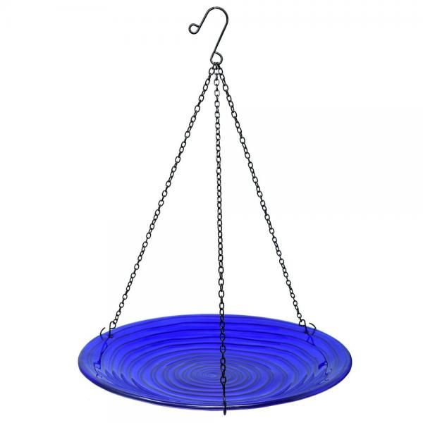Hanging Glass Birdbath - Blue Swirl
