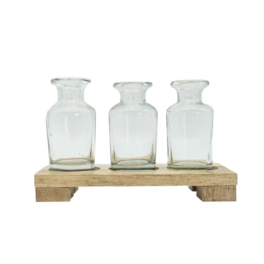 Hazel 3 Glass Bud Vase with Wood Tray