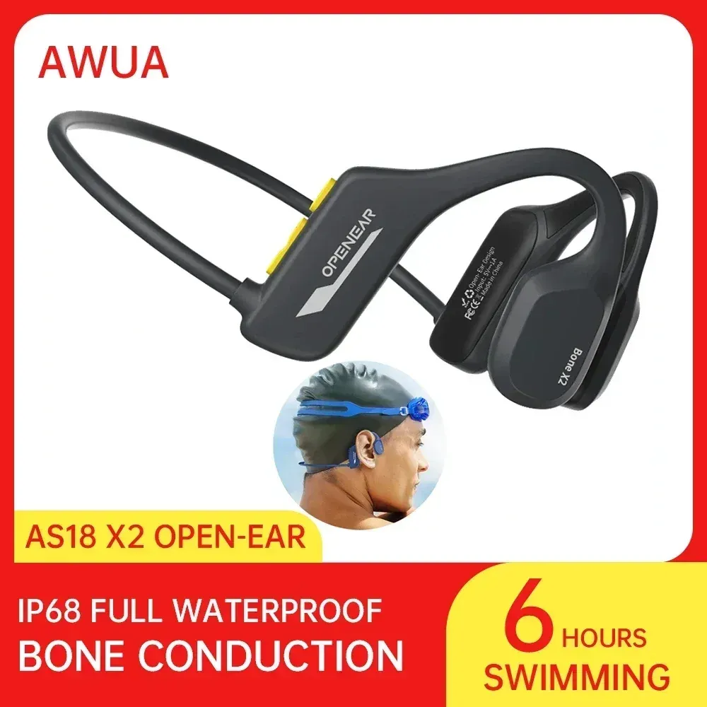 AWUA Bone Conduction Underwater Headphones Wireless Open Ear Headsets 8G Memory MP3 Player IP68 Waterproof Swmming Earphones