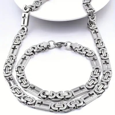 Stainless Steel Hollowed Cross Necklace &amp; Bracelet