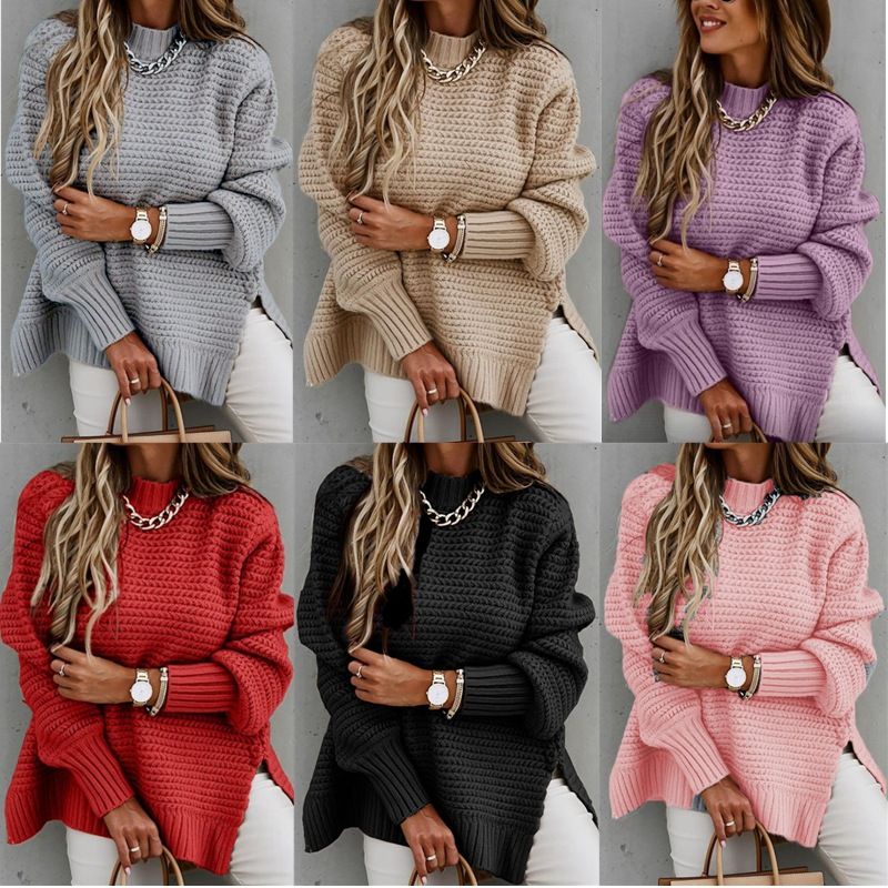 Solid Color Long-sleeved Thick Needle Side Slit Knitted Sweater Women