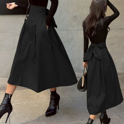 Spring And Autumn A- Line Umbrella Skirt Super Popular Bow Large Swing Skirt Slim Waist Long