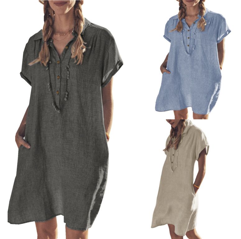 Cotton And Linen Shirt Dress Pocket Dress Beach Skirt Casual Skirt