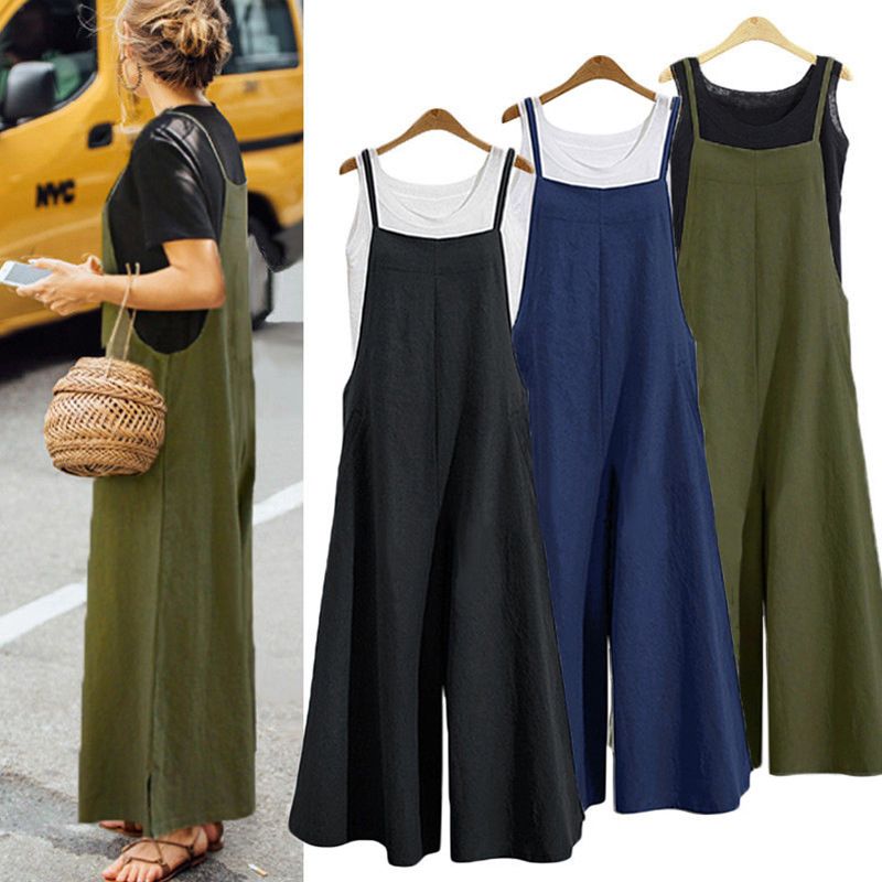 Linen Long Wide Leg Jumpsuit Cotton Suspenders Shorts Overall plus size av