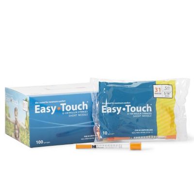 Standard Insulin Syringe with Needle EasyTouch™ 0.5 cc 5/16 Inch 31 Gauge Non Safety Thin Wall. Box of 100