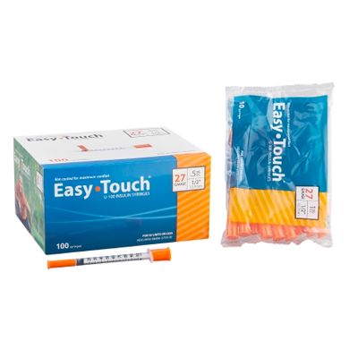 Standard Insulin Syringe with Needle EasyTouch™ 1 cc 1/2 Inch 27 Gauge Non Safety Thin Wall. Box of 100