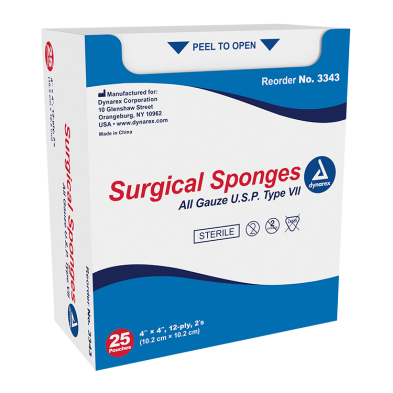Gauze Sponge Dynarex® 4 X 4 Inch 12-Ply Sterile 2 per Pack, Box of 25 Packs