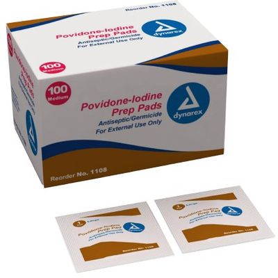 PVP Prep Pad Dynarex® 10% Strength Povidone-Iodine Individual Packet Medium Non Sterile. Box of 100