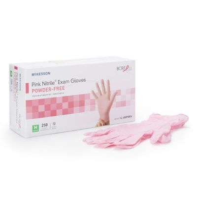 Exam Glove McKesson Pink Nitrile® Medium Non Sterile Nitrile Standard Cuff Length Textured Fingertips Pink Not Rated, Box of 250
