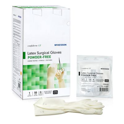 Surgical Glove Confiderm® LT Size 6.5 Sterile Latex Standard Cuff Length Fully Textured Ivory Chemo Tested, Box of 50 Pairs