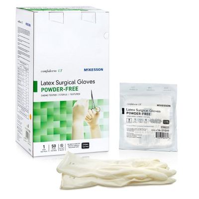 Surgical Glove Confiderm® LT Size 8 Sterile Latex Standard Cuff Length Fully Textured Ivory Chemo Tested, Box of 50 Pairs